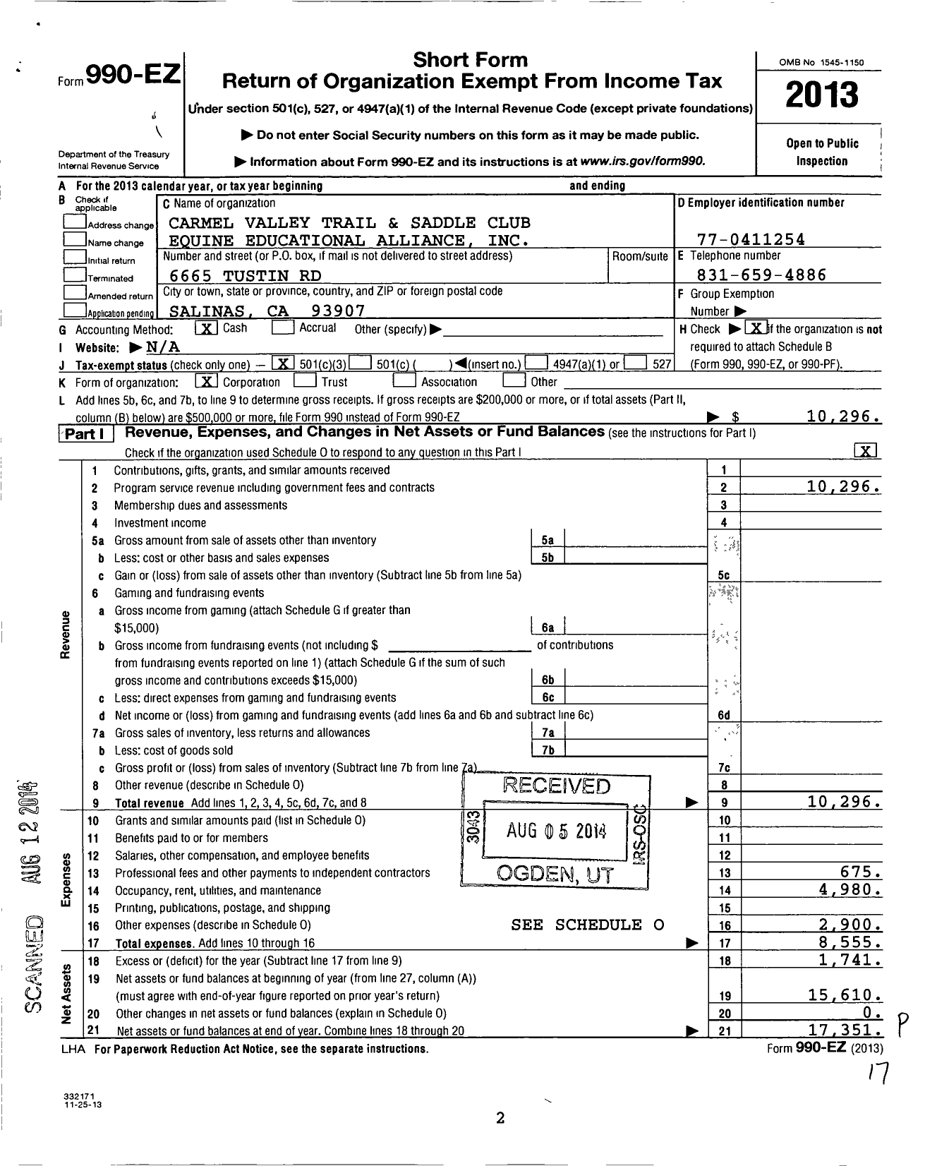 Image of first page of 2013 Form 990EZ for Carmel Valley Trail and Saddle Club Equine Educational Alliance