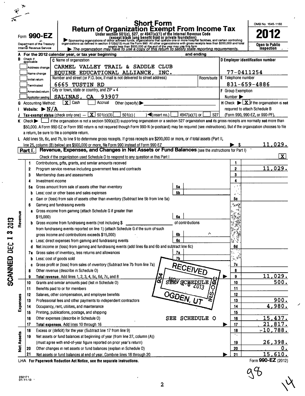 Image of first page of 2012 Form 990EZ for Carmel Valley Trail and Saddle Club Equine Educational Alliance