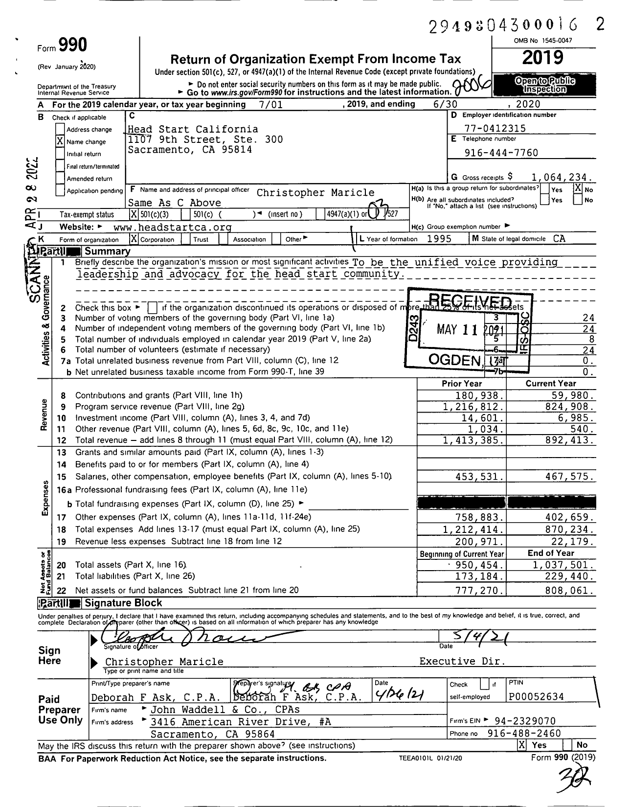 Image of first page of 2019 Form 990 for Head Start California