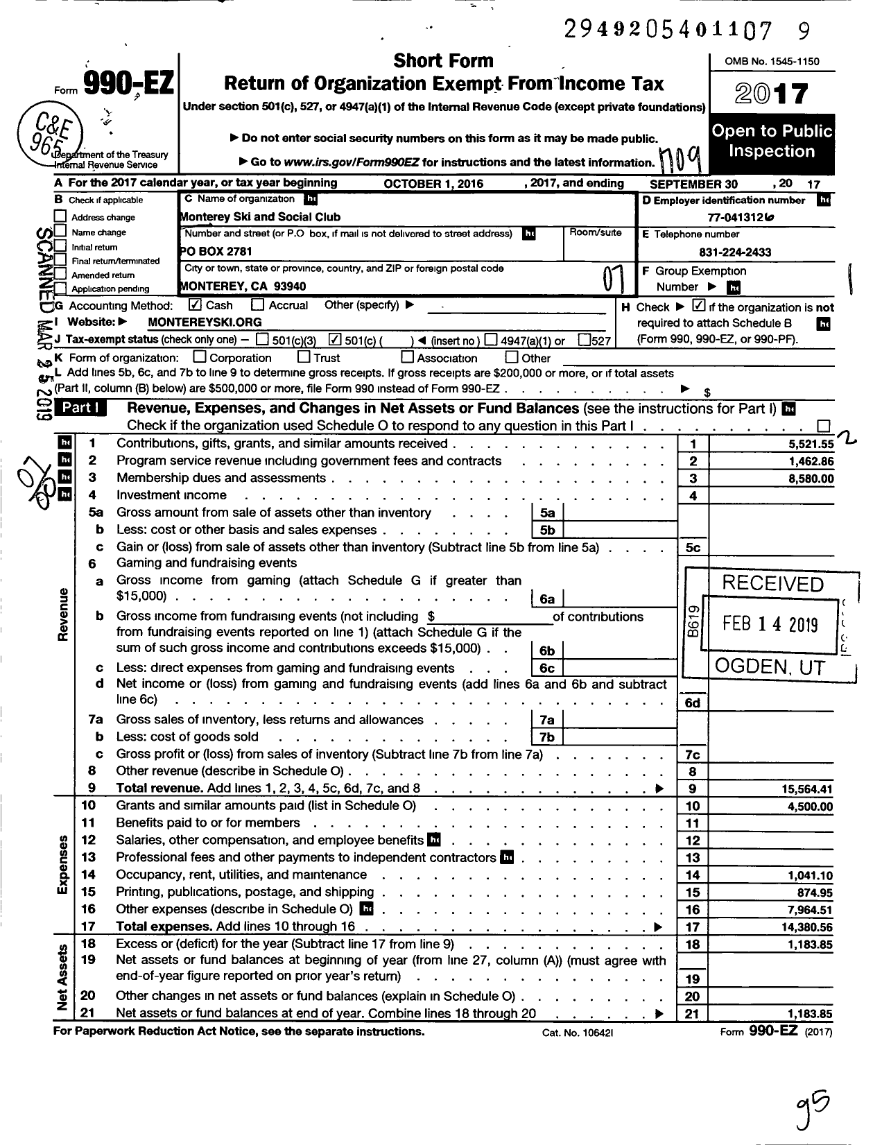 Image of first page of 2016 Form 990EO for Monterey Ski and Social Club