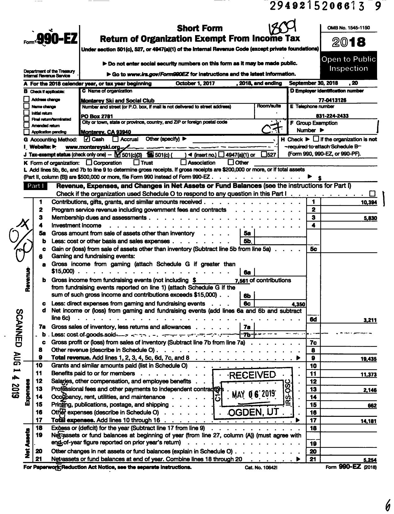 Image of first page of 2017 Form 990EO for Monterey Ski and Social Club