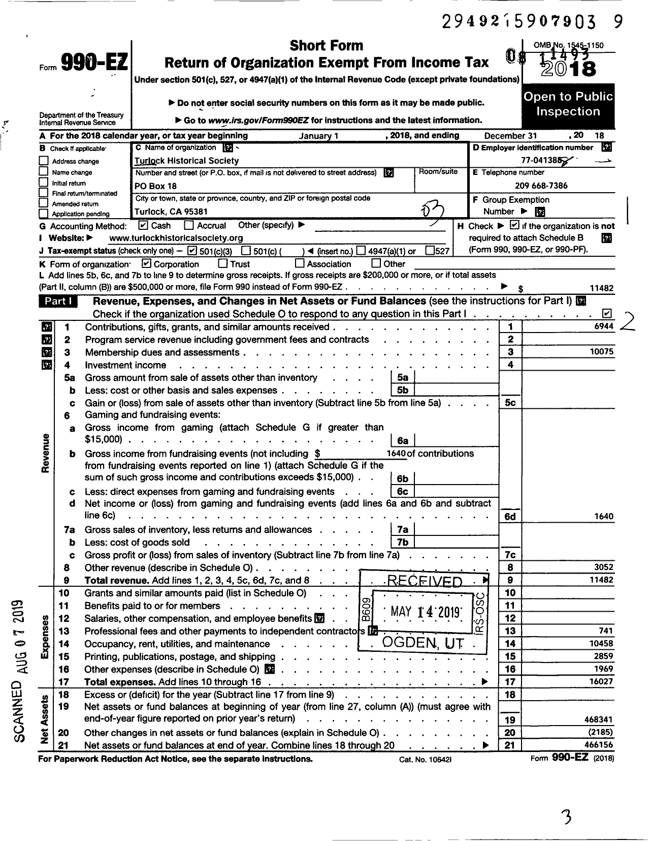 Image of first page of 2018 Form 990EZ for Turlock Historical Society