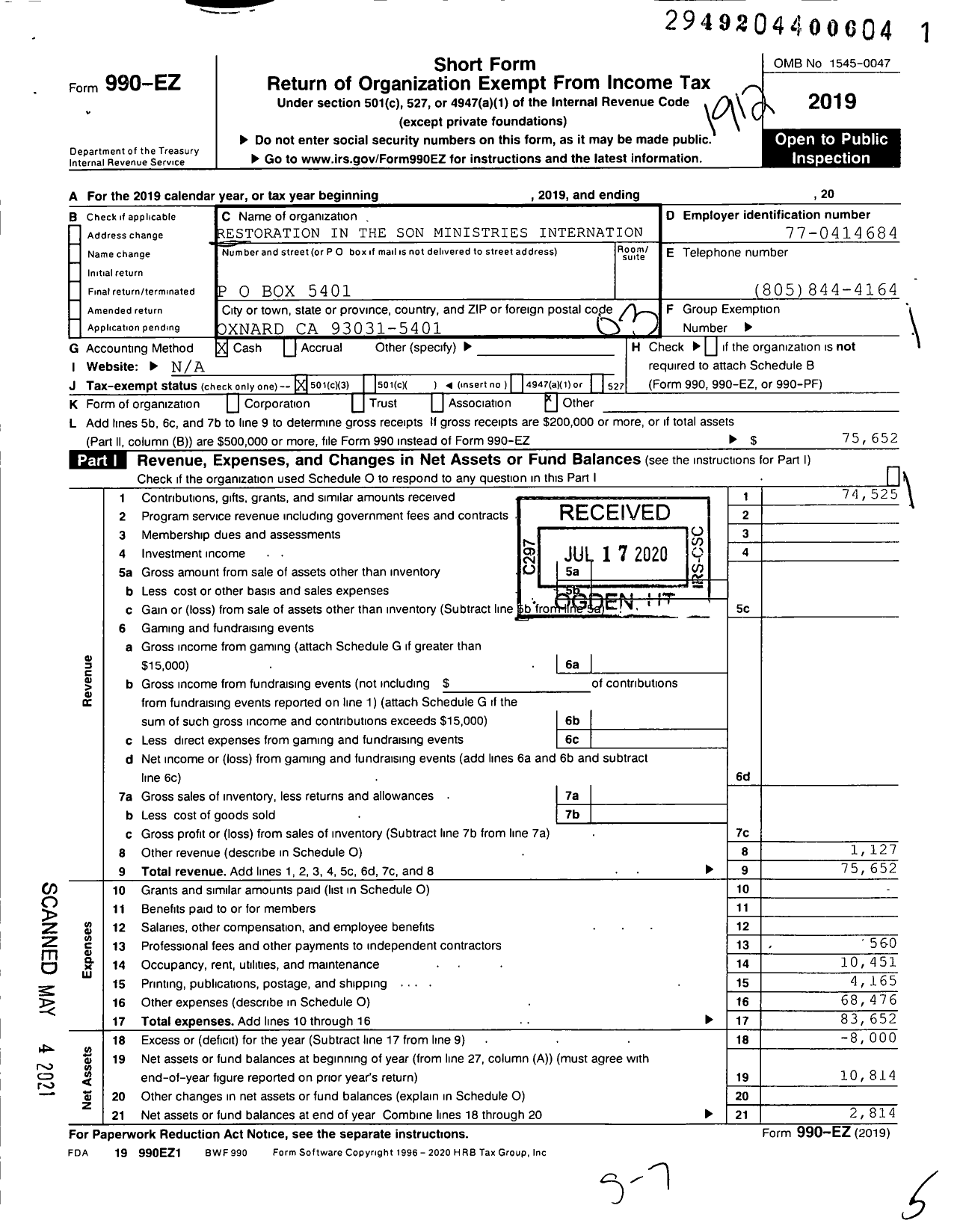 Image of first page of 2019 Form 990EZ for Restoration in the Son Ministries International