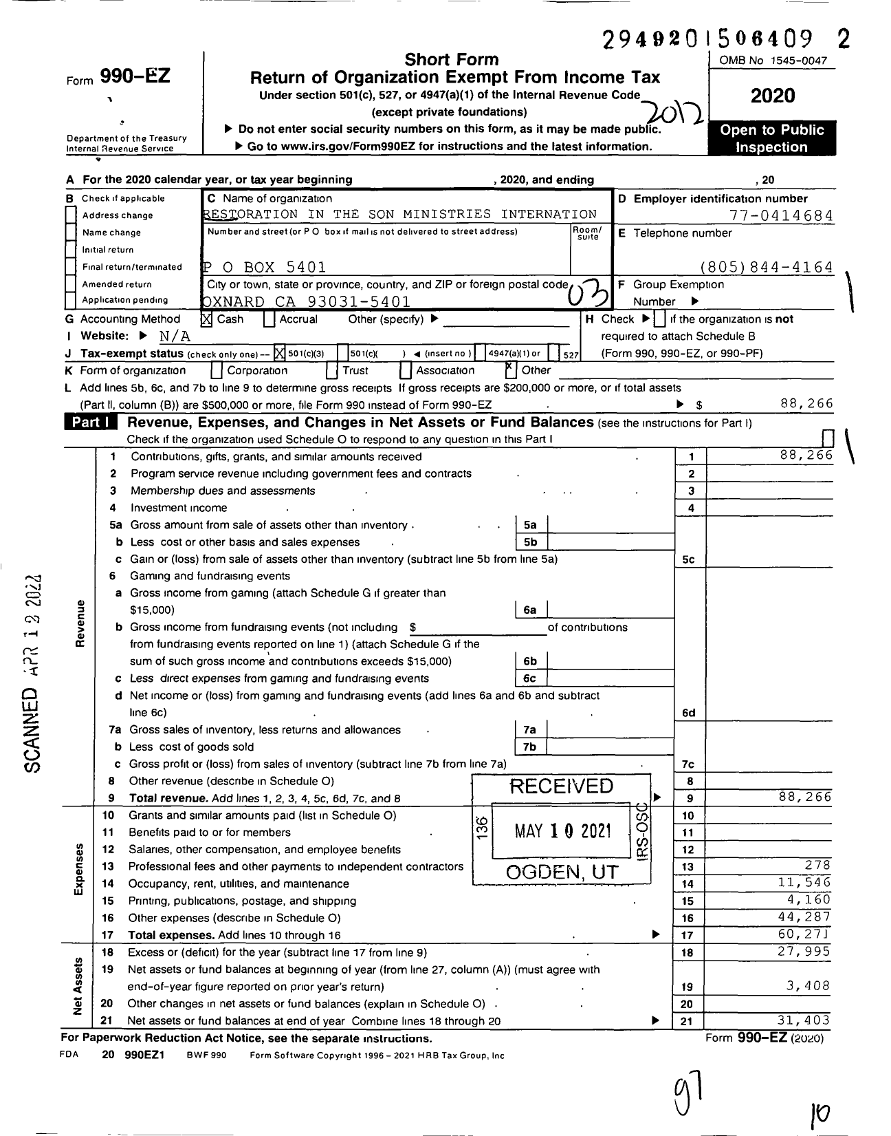 Image of first page of 2020 Form 990EZ for Restoration in the Son Ministries International