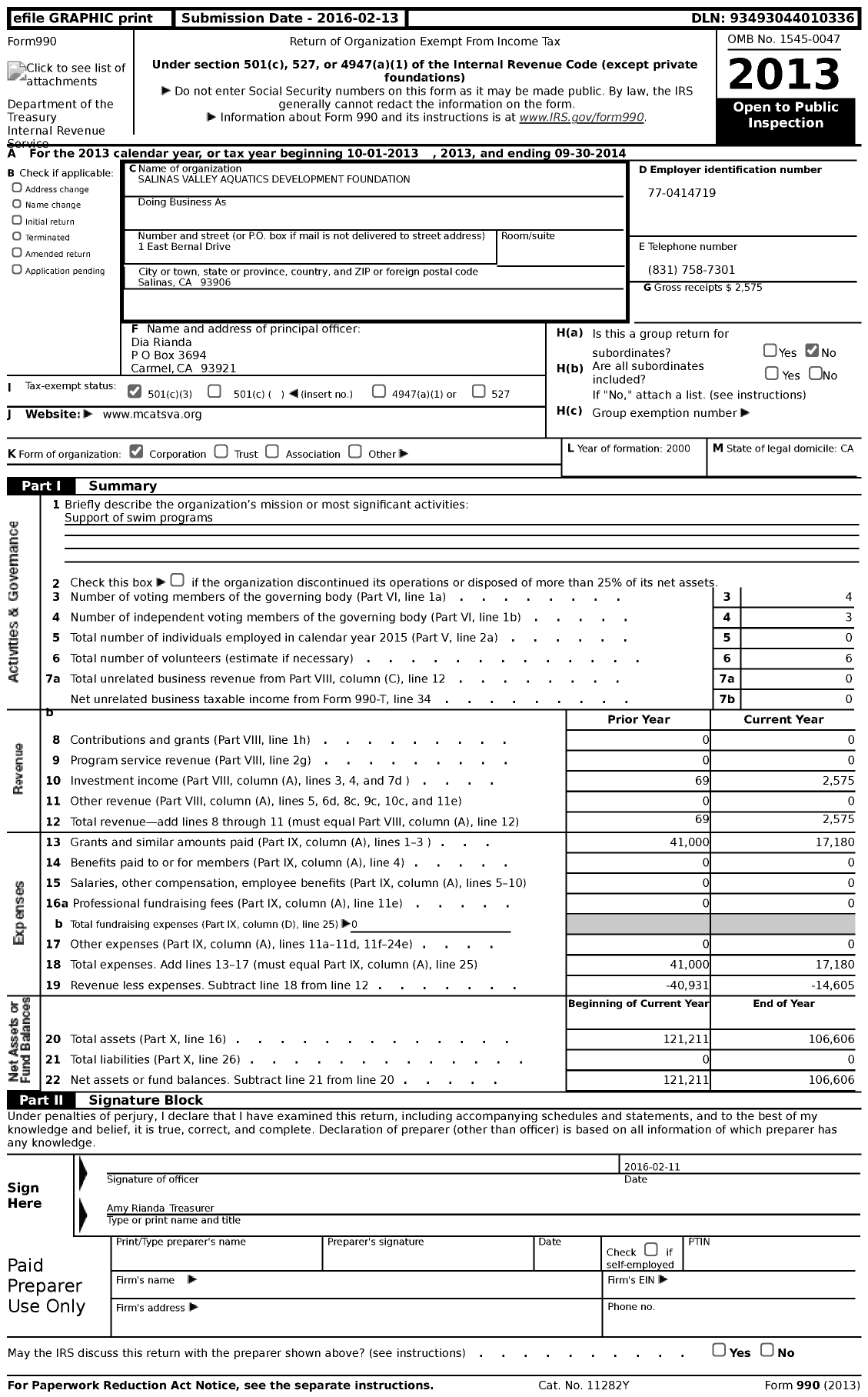 Image of first page of 2013 Form 990 for Salinas Valley Aquatics Development Foundation