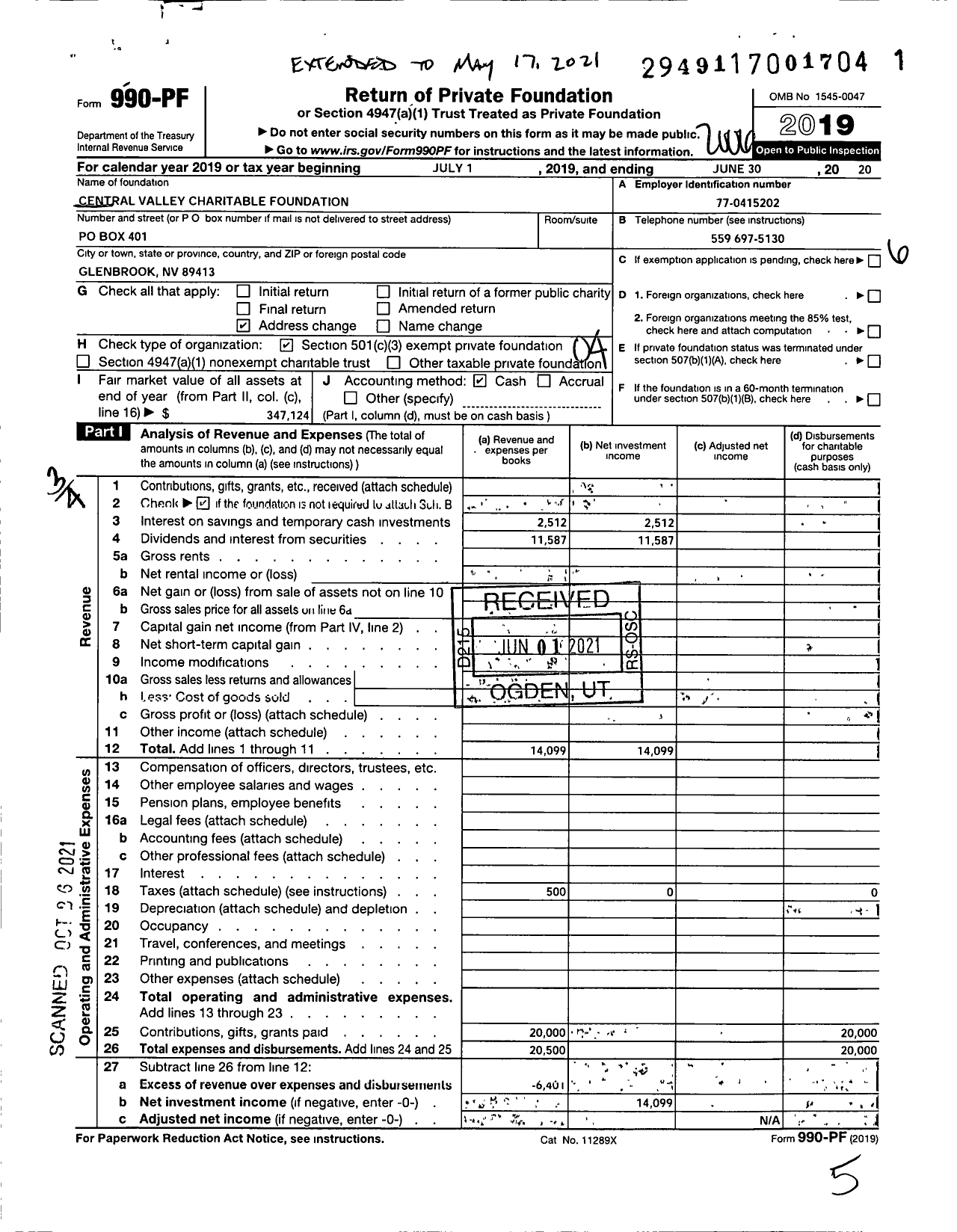 Image of first page of 2019 Form 990PF for Central Valley Charitable Foundation