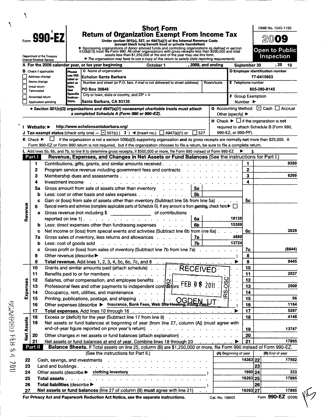 Image of first page of 2009 Form 990EZ for Echelon Santa Barbara