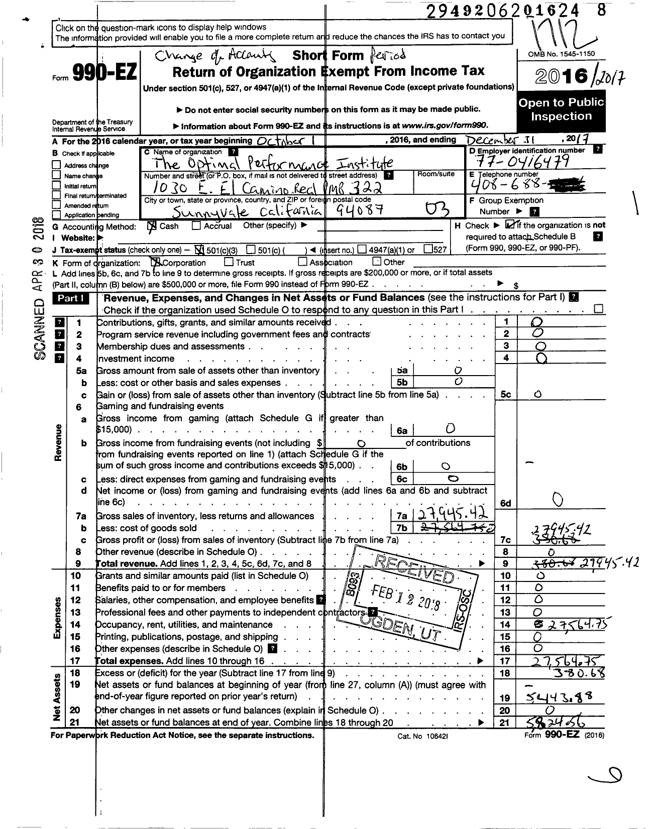 Image of first page of 2017 Form 990EZ for Optimal Performance Institute