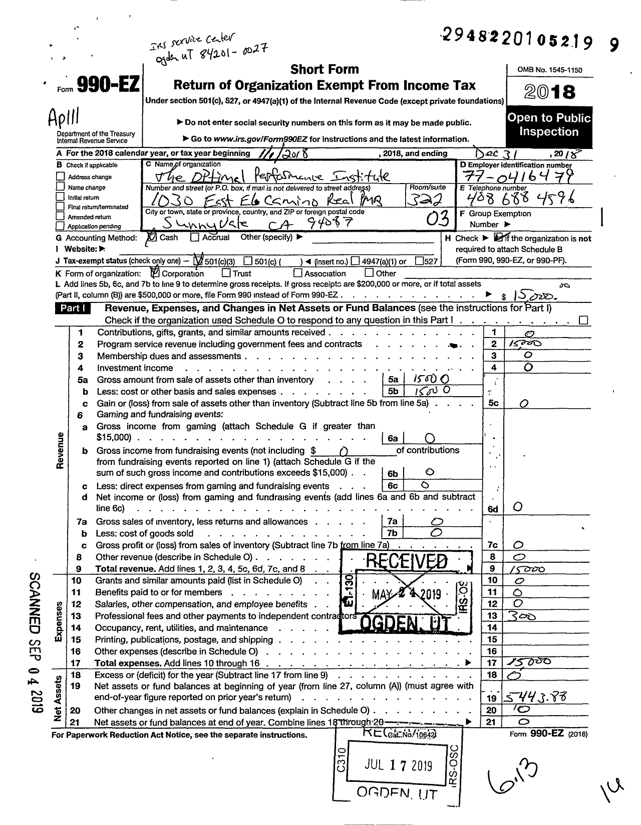 Image of first page of 2018 Form 990EZ for Optimal Performance Institute