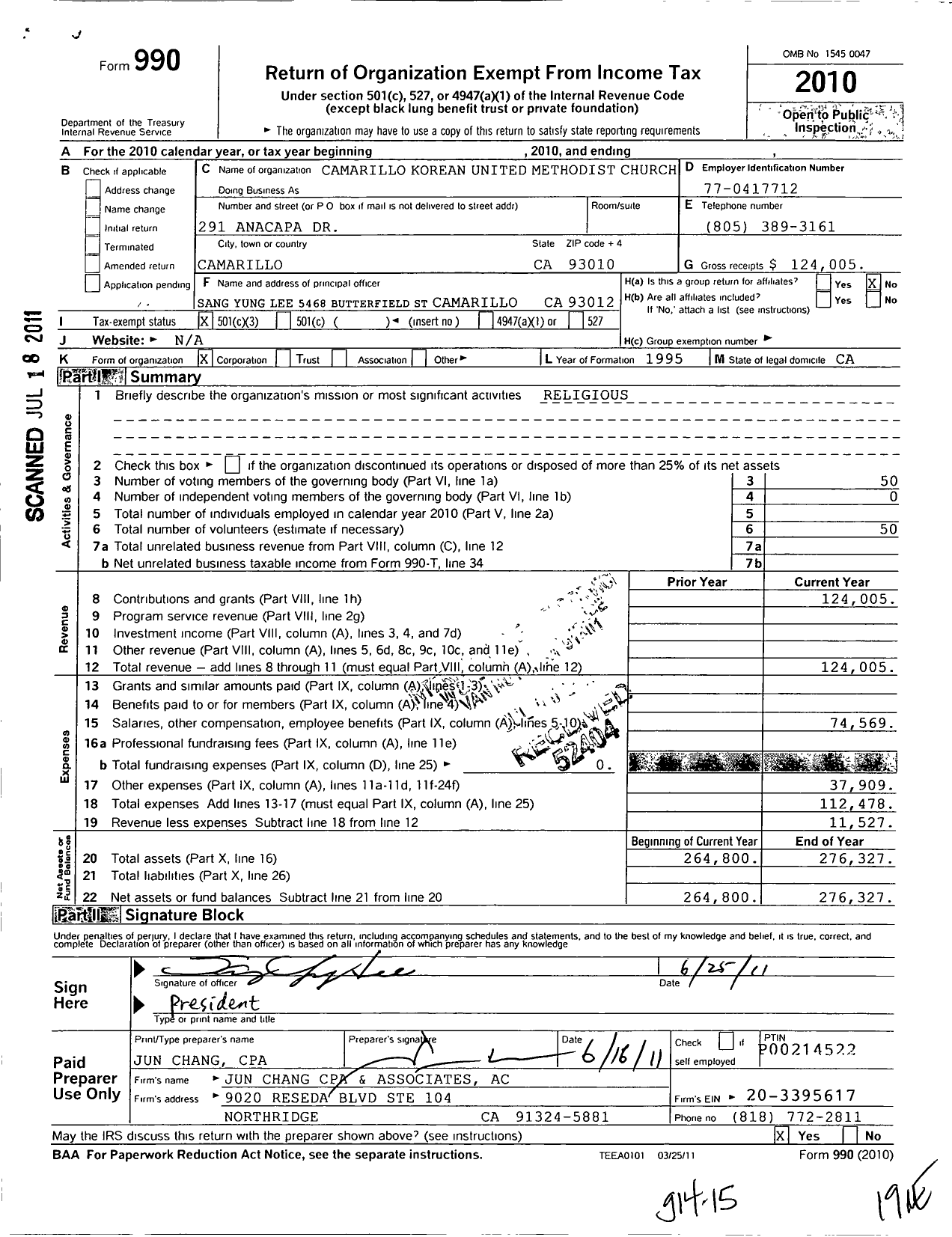 Image of first page of 2010 Form 990 for Camarillo Korean United Methodist Church