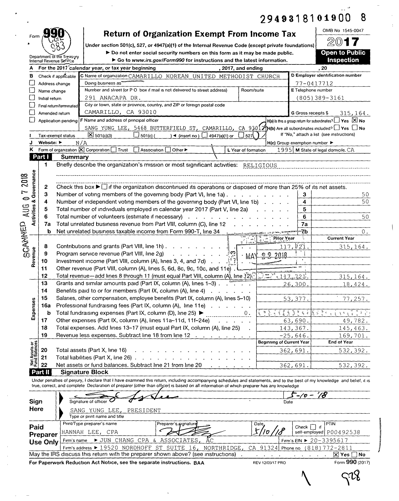 Image of first page of 2017 Form 990 for Camarillo Korean United Methodist Church