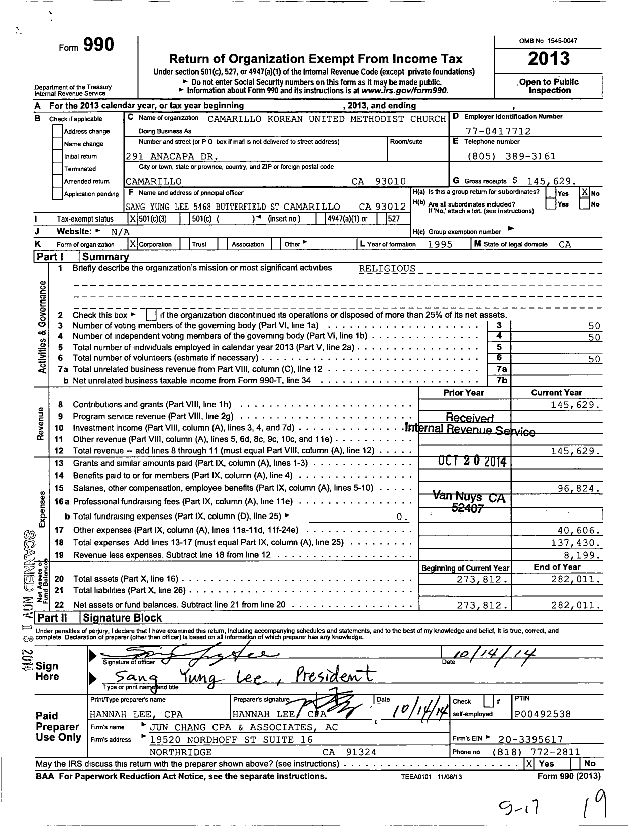 Image of first page of 2013 Form 990 for Camarillo Korean United Methodist Church