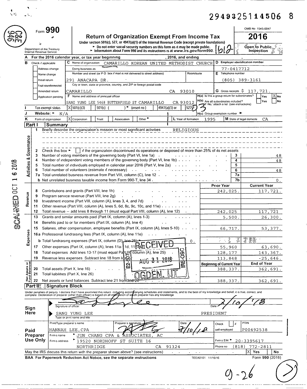 Image of first page of 2016 Form 990 for Camarillo Korean United Methodist Church