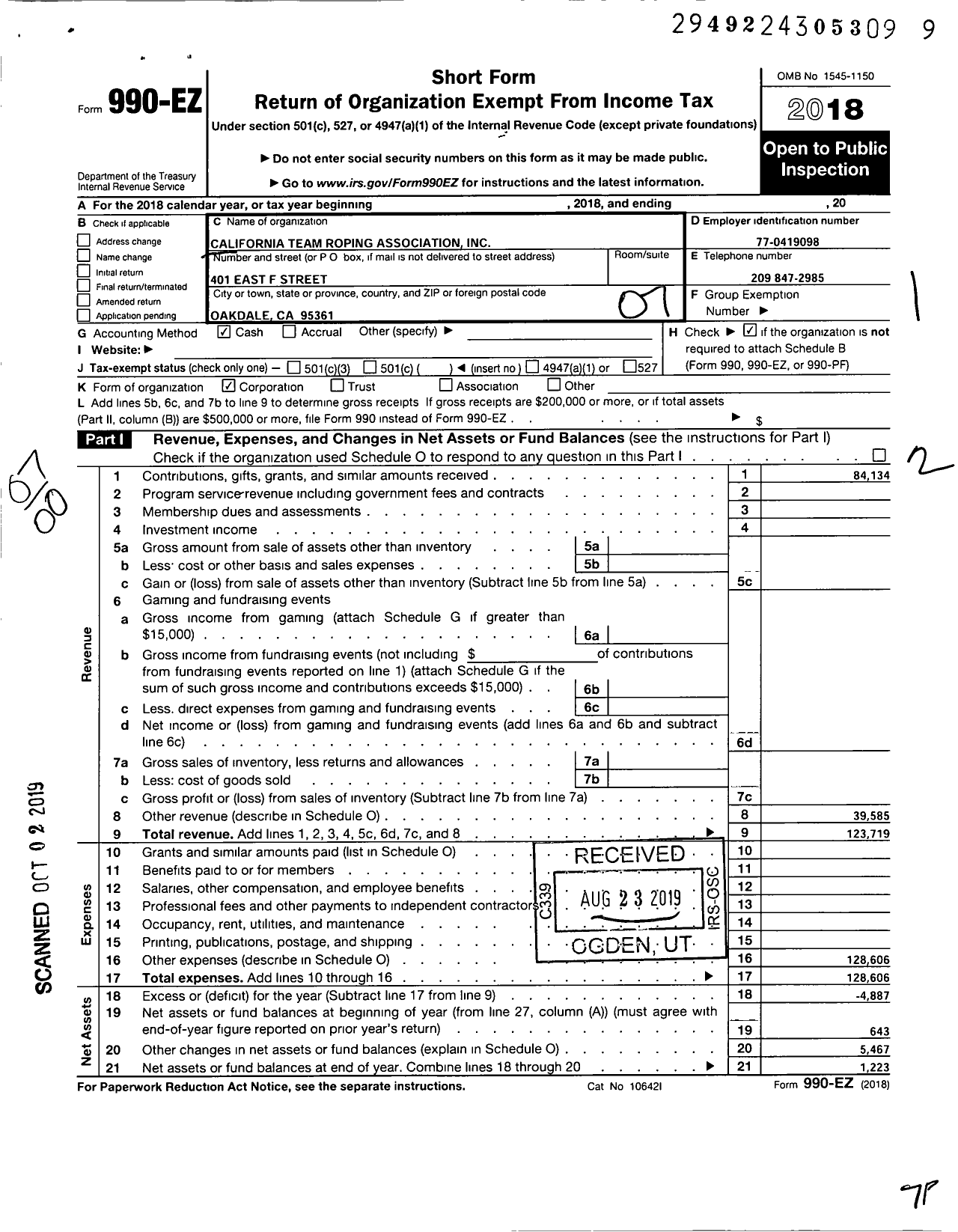 Image of first page of 2018 Form 990EO for California Team Roping Association