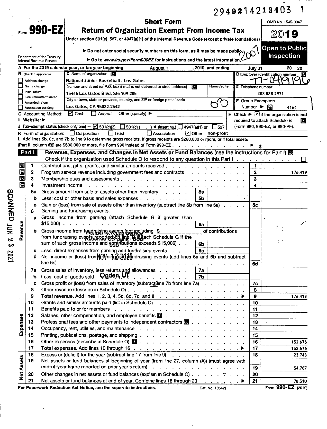 Image of first page of 2019 Form 990EZ for National Junior Basketball / Los Gatos