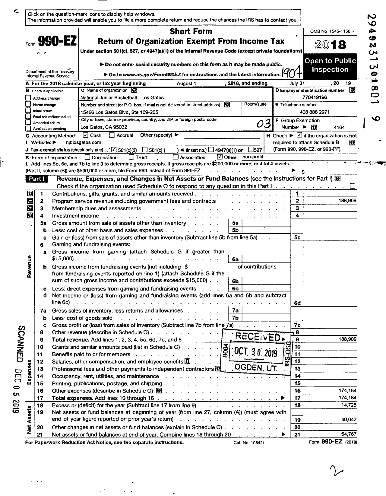 Image of first page of 2018 Form 990EZ for National Junior Basketball / Los Gatos