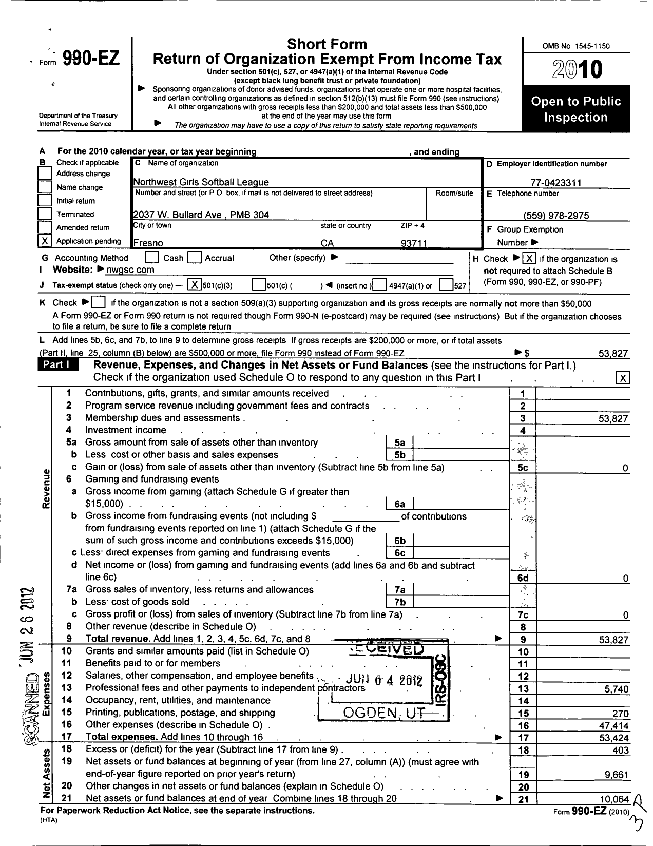 Image of first page of 2010 Form 990EZ for Northwest Girls Softball League (NWGSL)