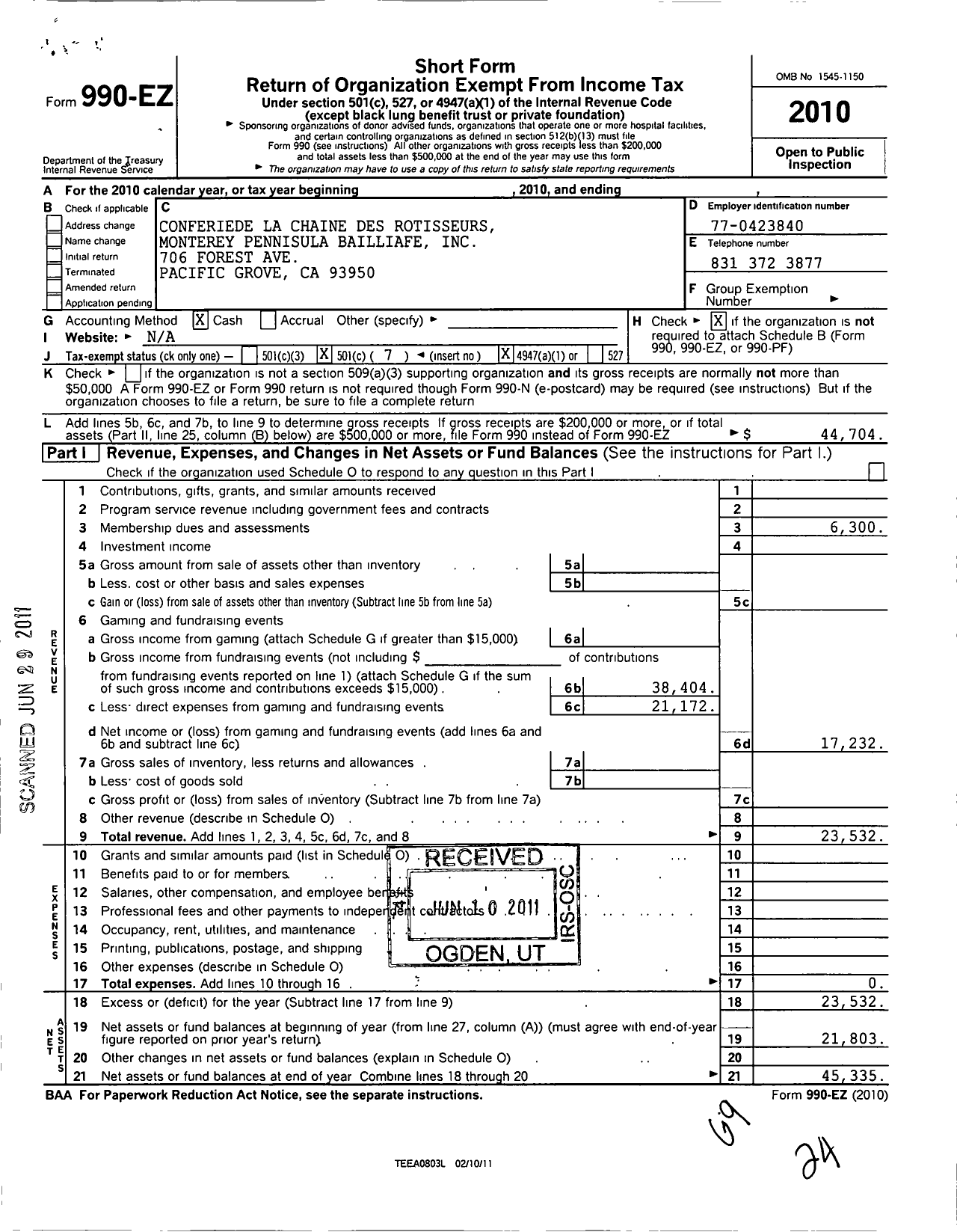 Image of first page of 2010 Form 990EO for Confrerie De-La-Chaine Des Rotisseurs / Monterey Peninsula