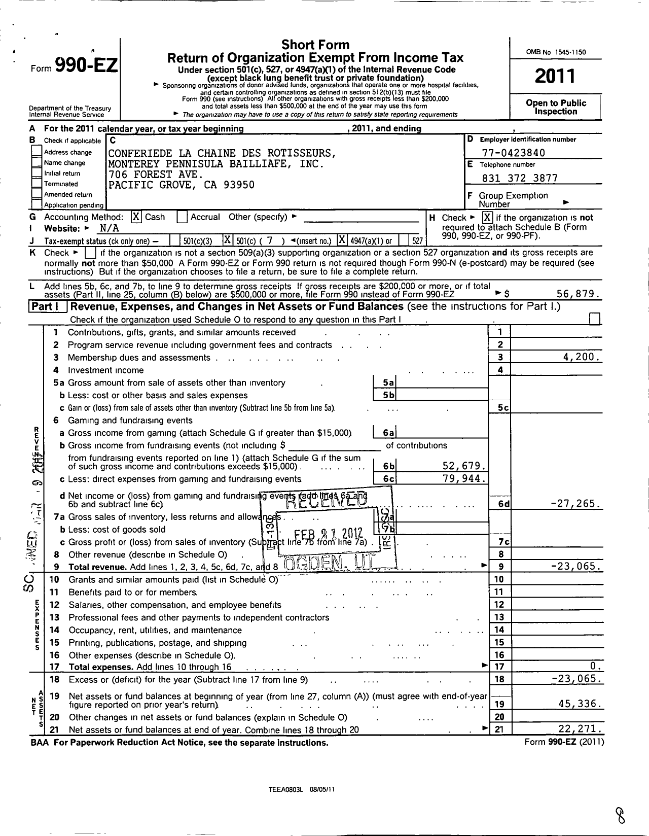 Image of first page of 2011 Form 990EO for Confrerie De-La-Chaine Des Rotisseurs / Monterey Peninsula