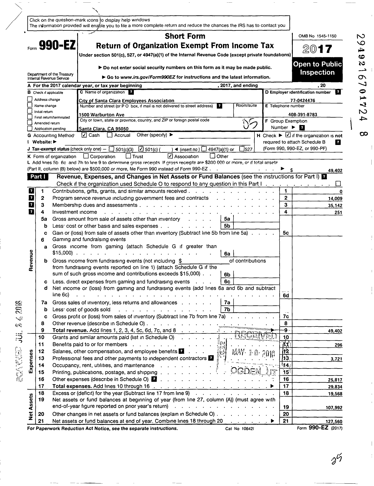 Image of first page of 2017 Form 990EO for City of Santa Clara Employees Association