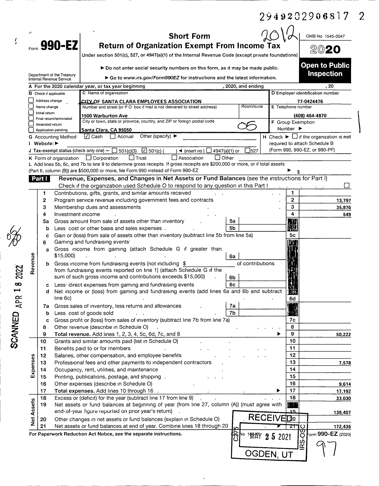 Image of first page of 2020 Form 990EO for City of Santa Clara Employees Association