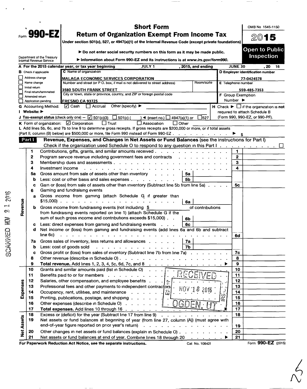 Image of first page of 2015 Form 990EZ for Malaga Economic Services Corporation