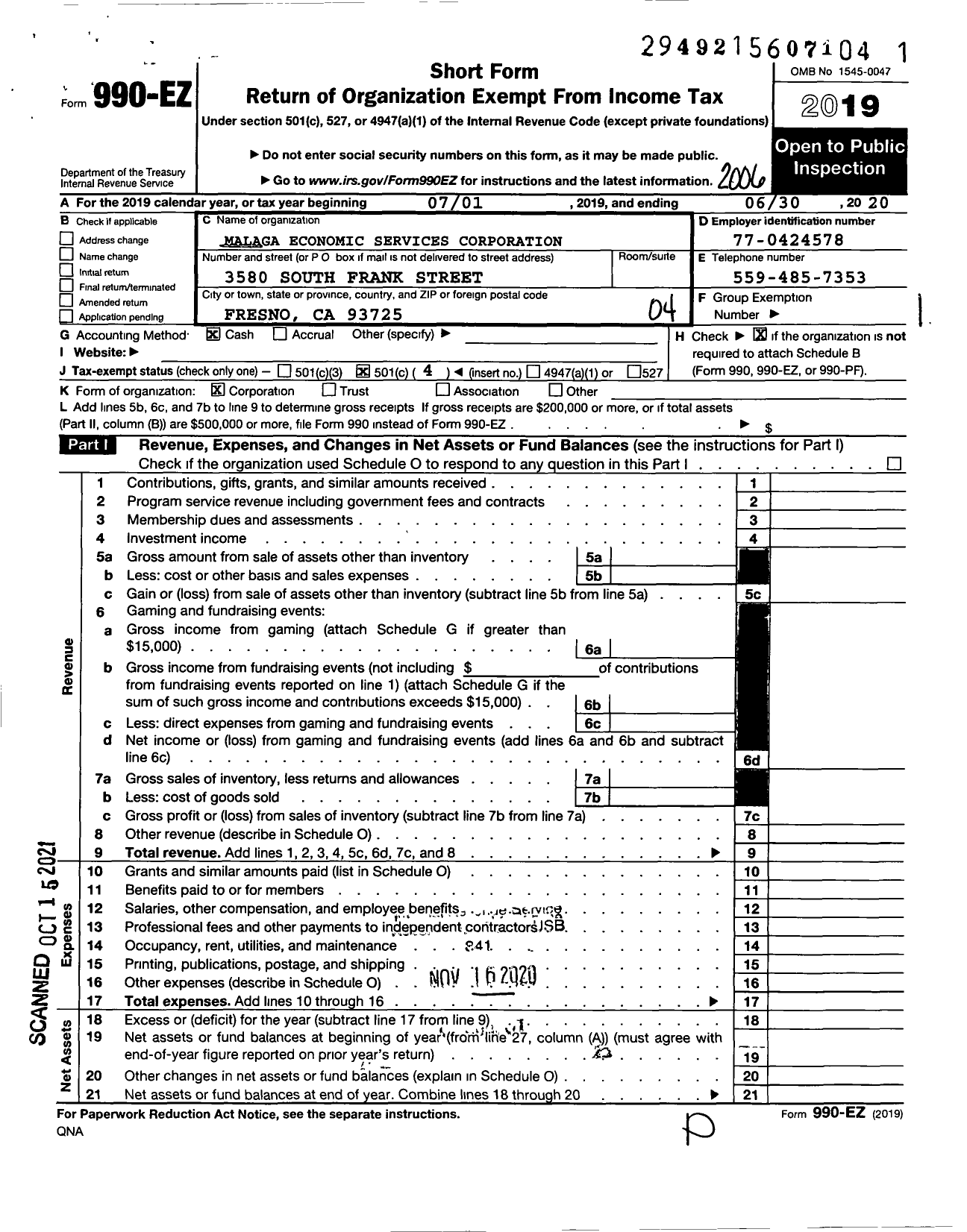 Image of first page of 2019 Form 990EO for Malaga Economic Services Corporation