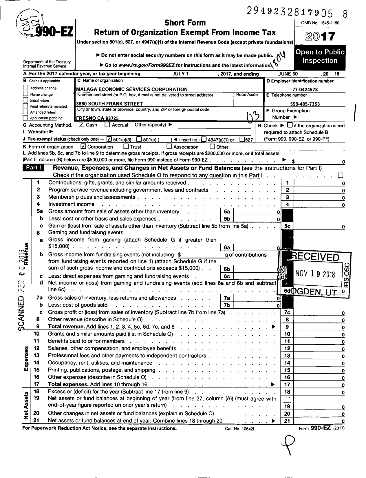 Image of first page of 2017 Form 990EZ for Malaga Economic Services Corporation