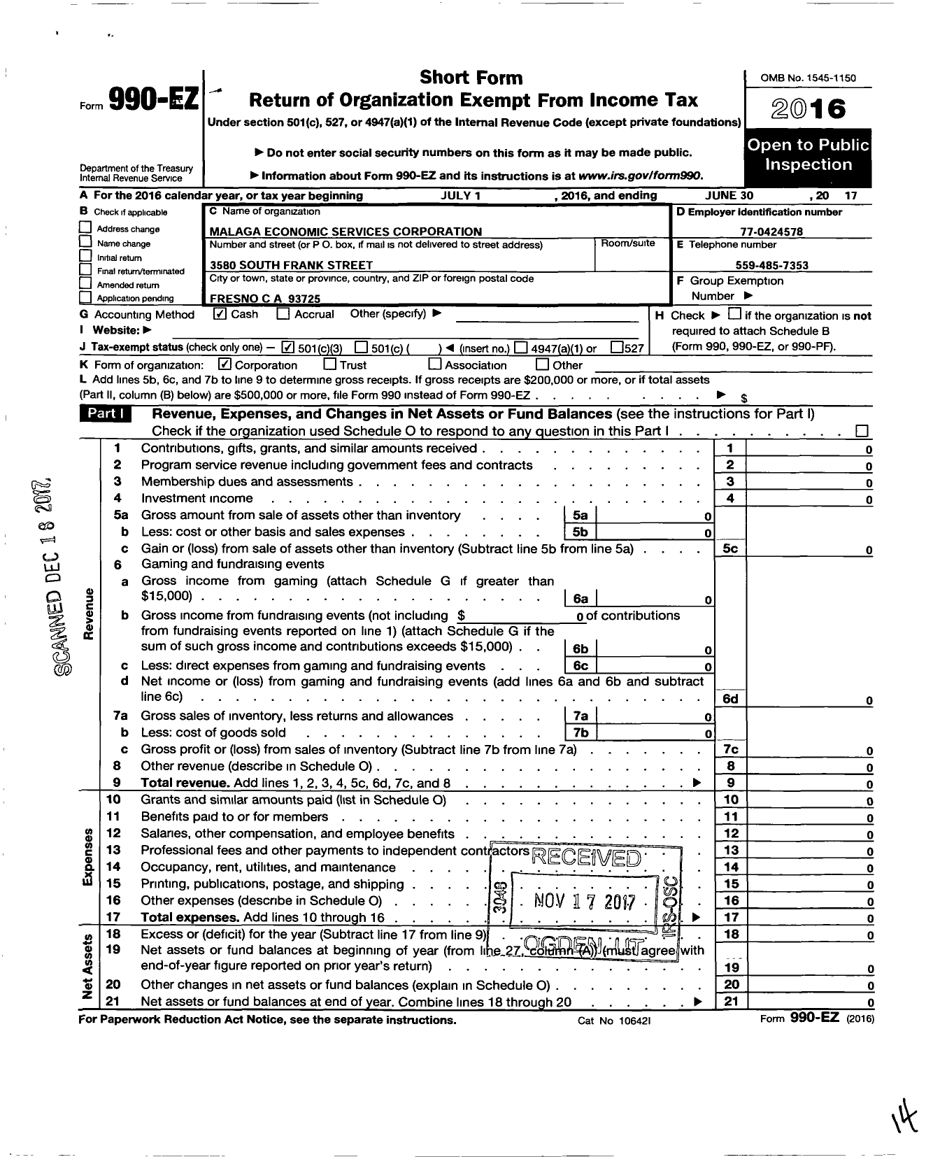 Image of first page of 2016 Form 990EZ for Malaga Economic Services Corporation
