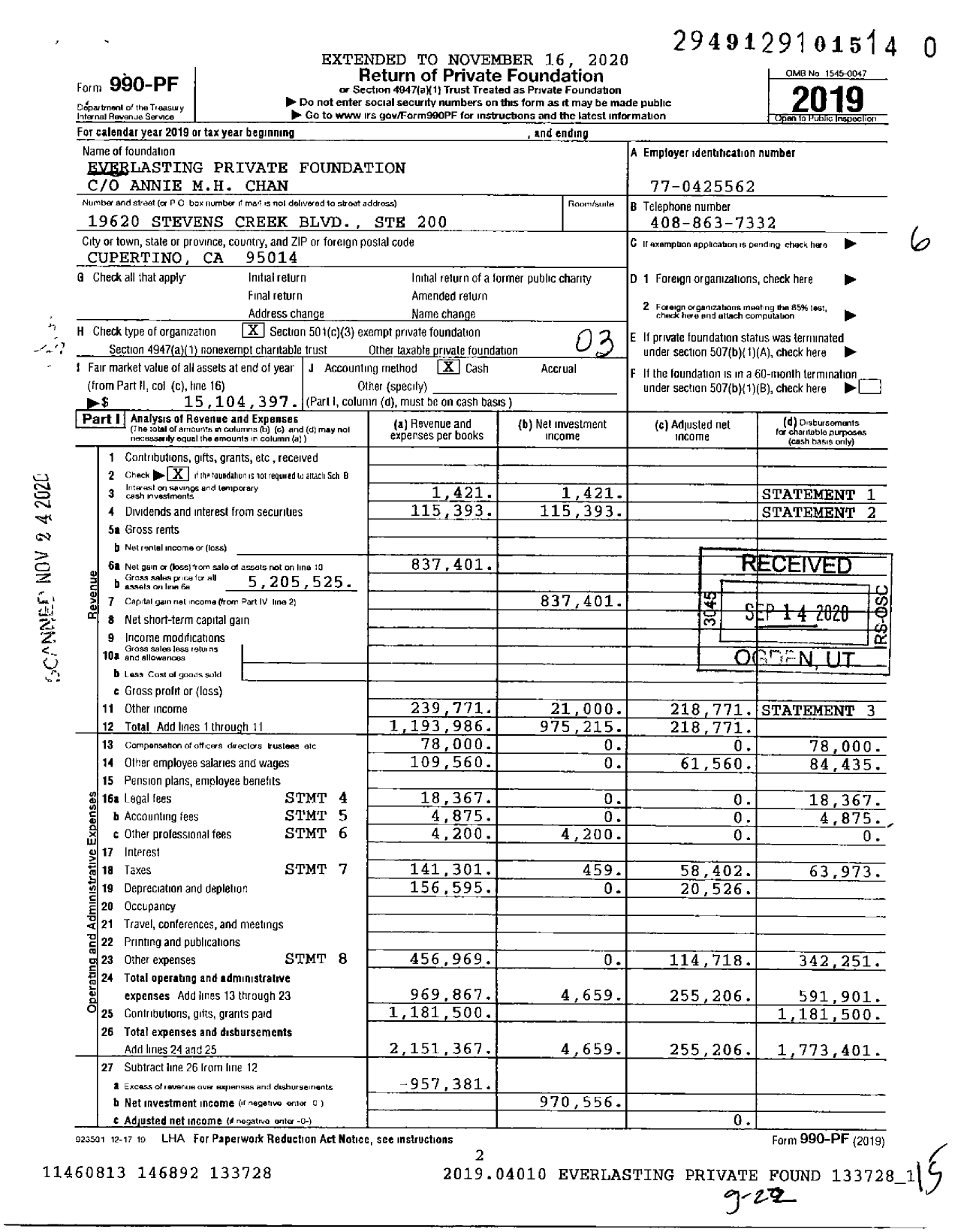 Image of first page of 2019 Form 990PF for Everlasting Private Foundation