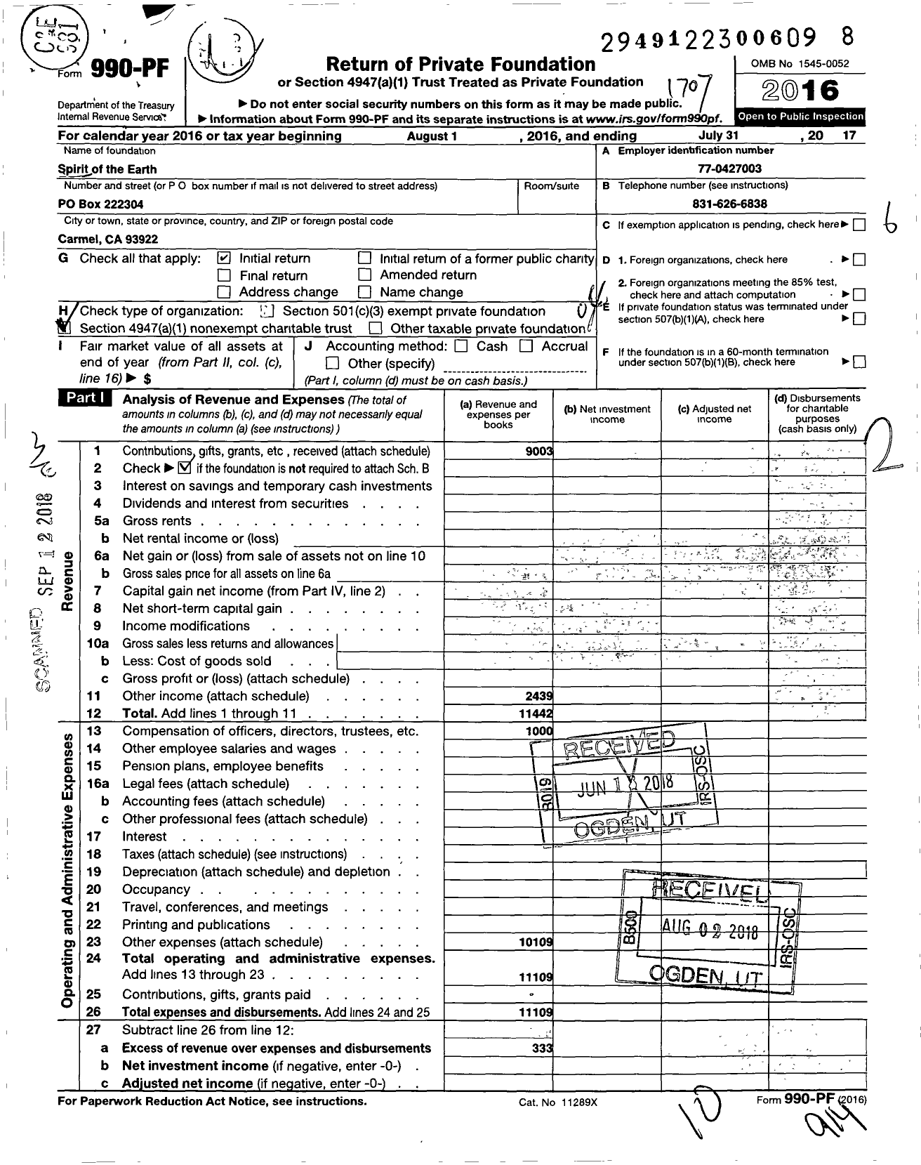 Image of first page of 2016 Form 990PF for Spirit of the Earth