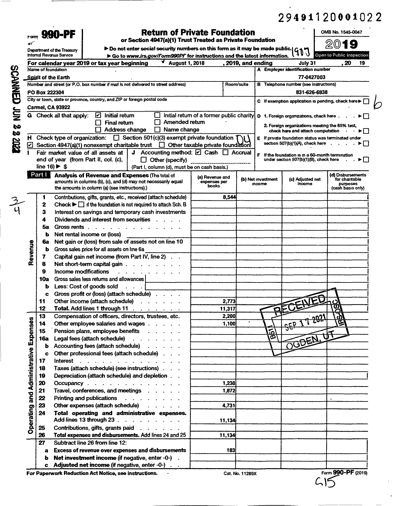 Image of first page of 2018 Form 990PF for Spirit of the Earth