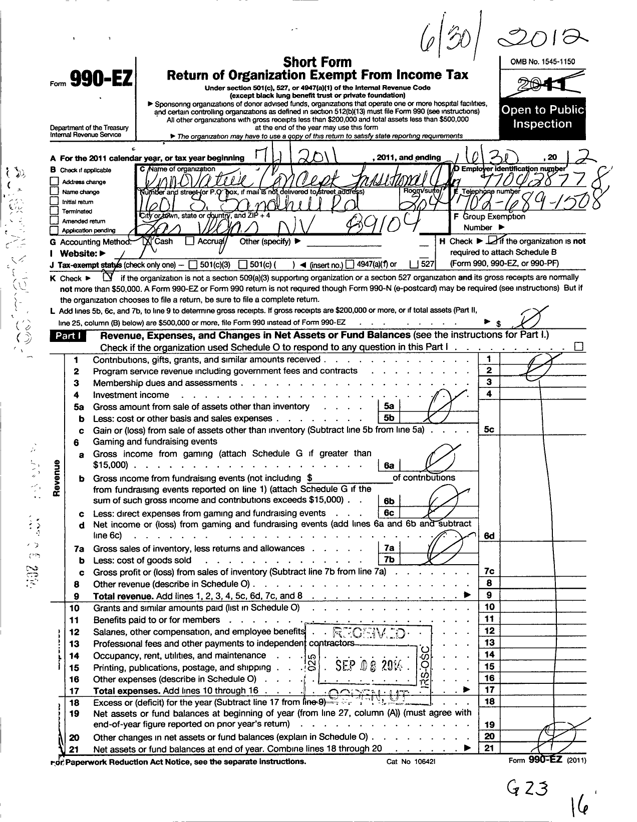 Image of first page of 2011 Form 990EO for Innovative Concept Transitional Housing