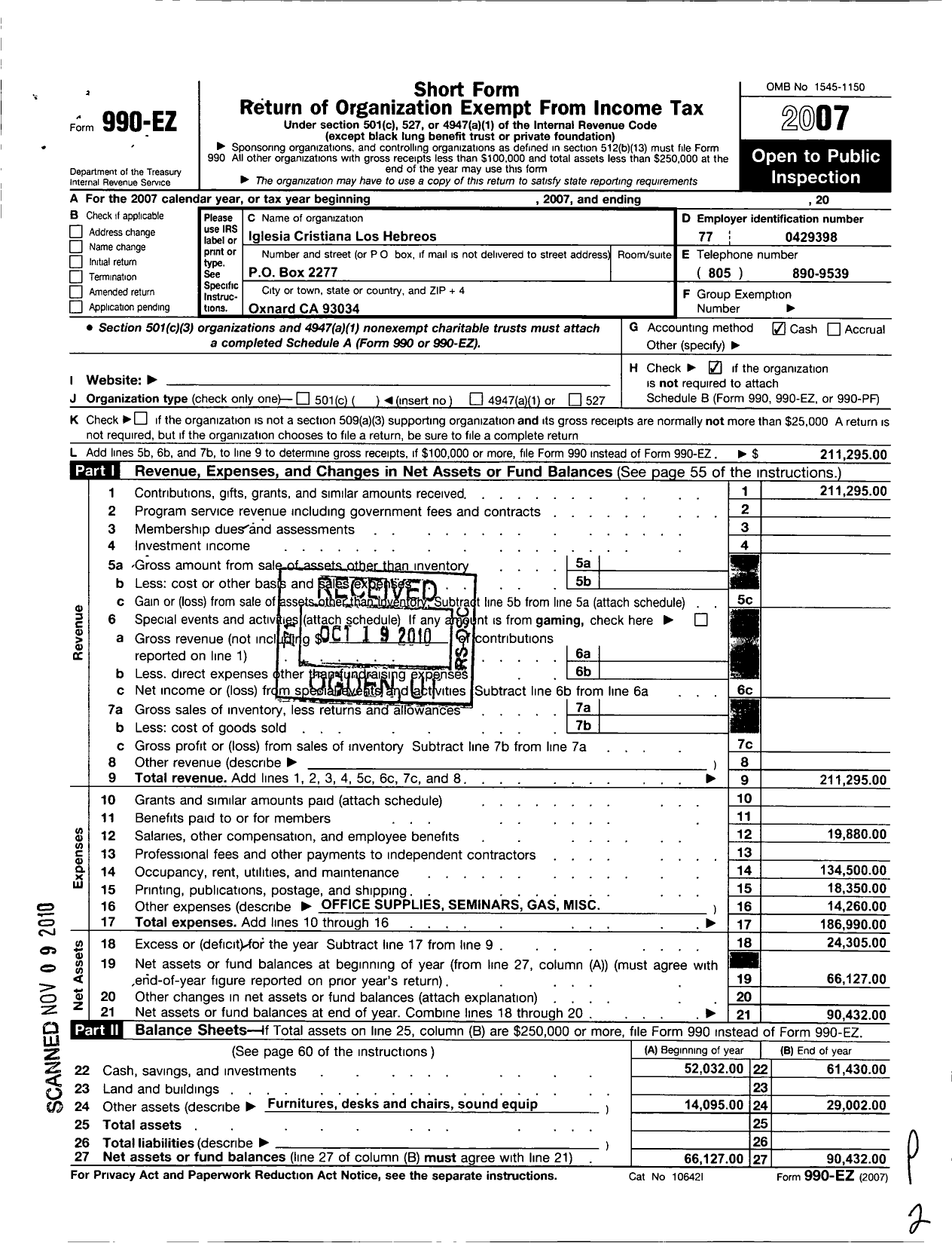 Image of first page of 2007 Form 990EO for Iglesia Cristiana Los Hebreos