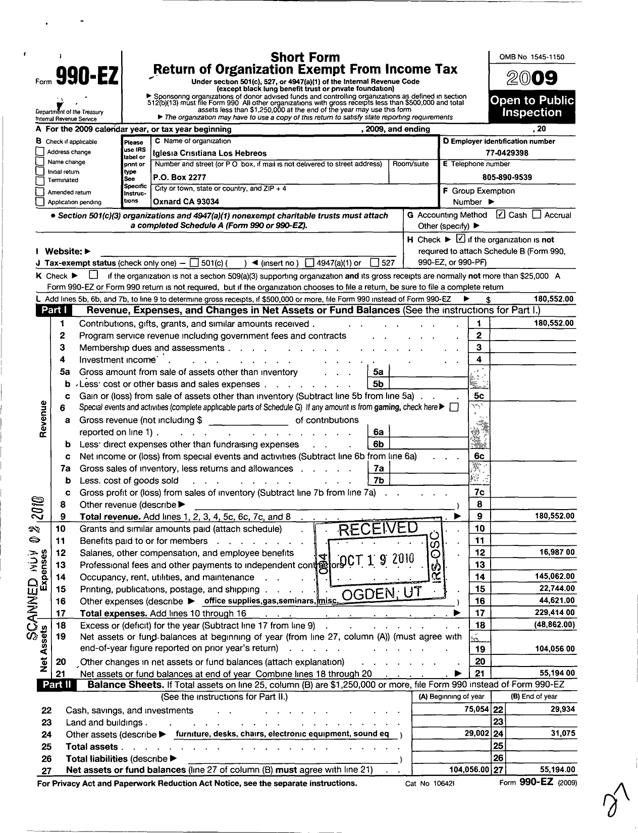 Image of first page of 2009 Form 990EO for Iglesia Cristiana Los Hebreos