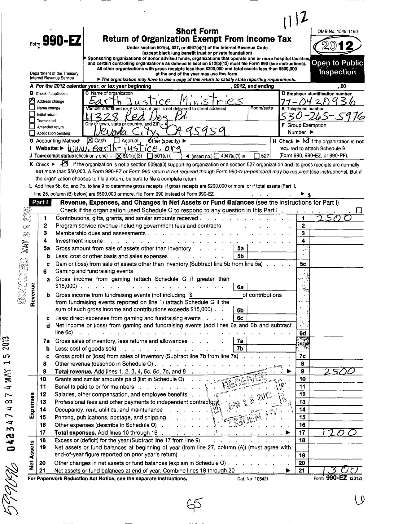 Image of first page of 2011 Form 990EZ for Earth Justice Ministries