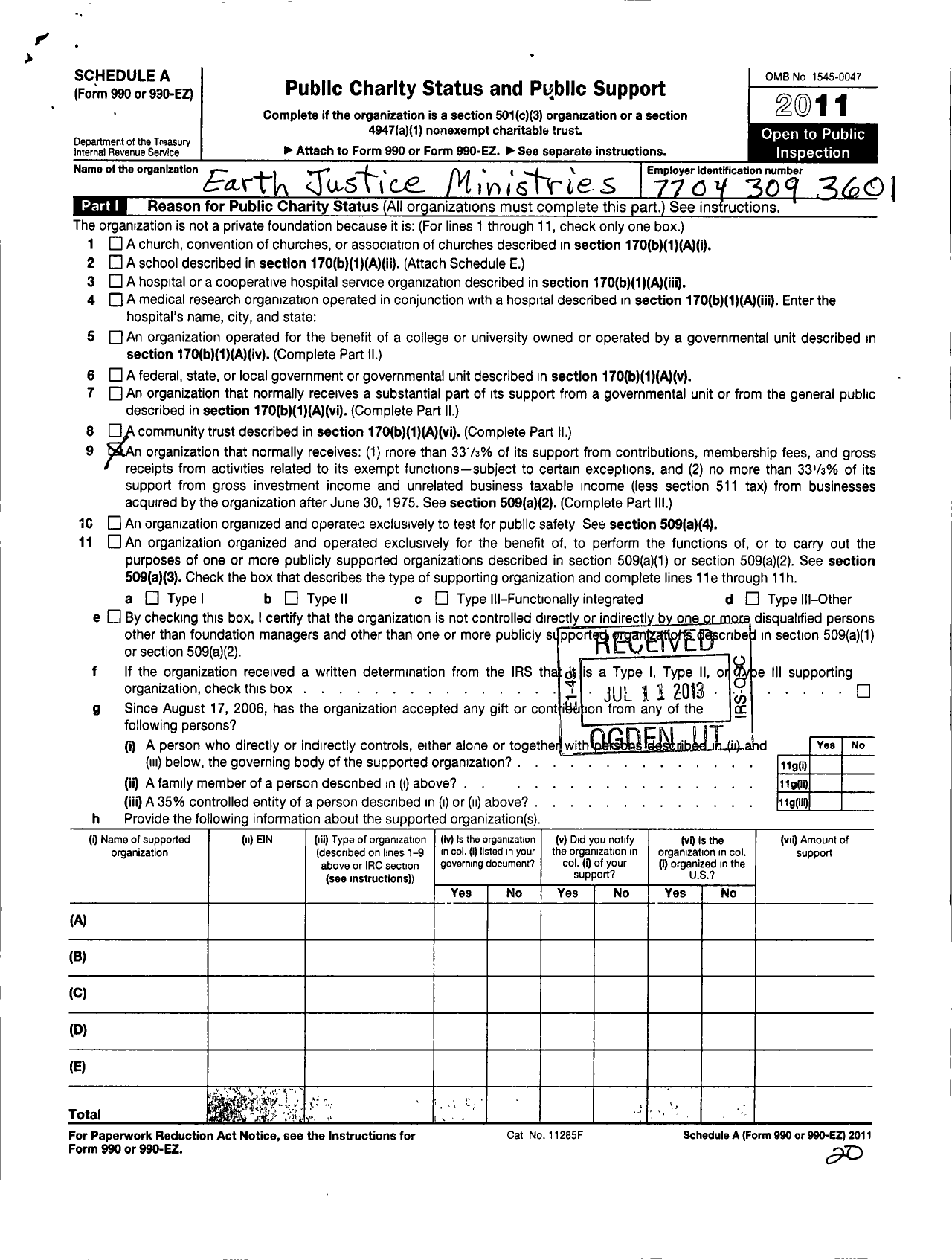 Image of first page of 2011 Form 990ER for Earth Justice Ministries