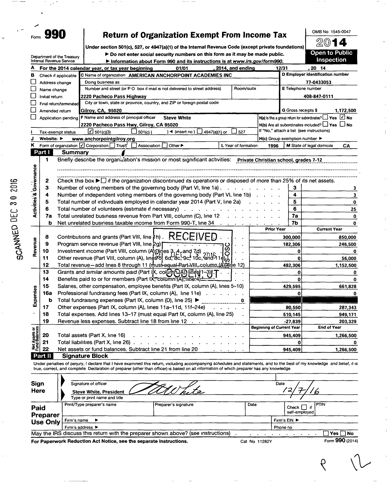 Image of first page of 2014 Form 990 for American Anchorpoint Academies