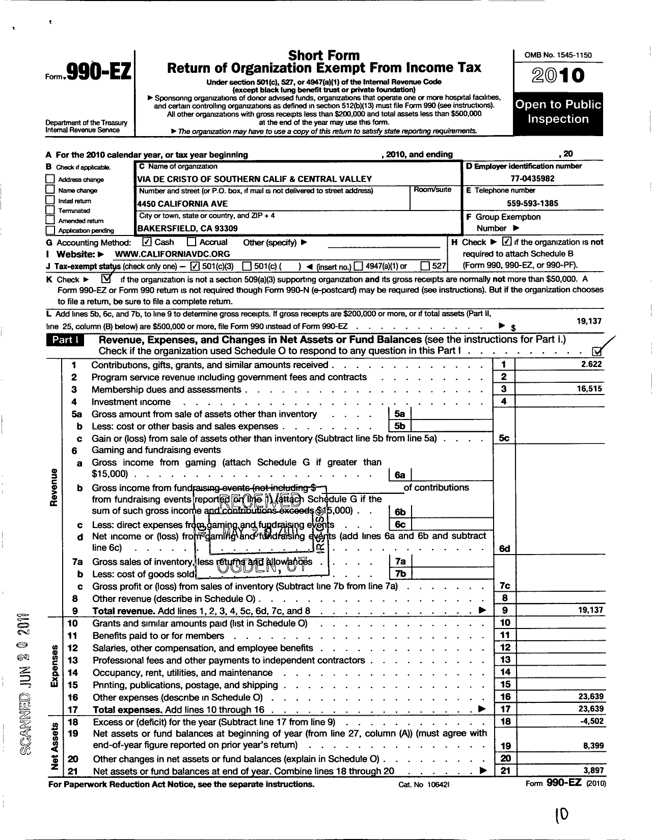 Image of first page of 2010 Form 990EZ for Via de Cristo of Southern Ca and the Central Valley