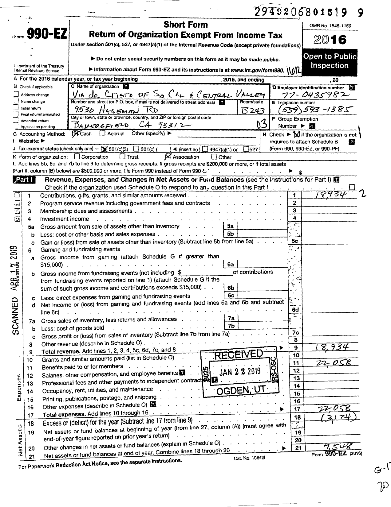 Image of first page of 2016 Form 990EZ for Via de Cristo of Southern Ca and the Central Valley