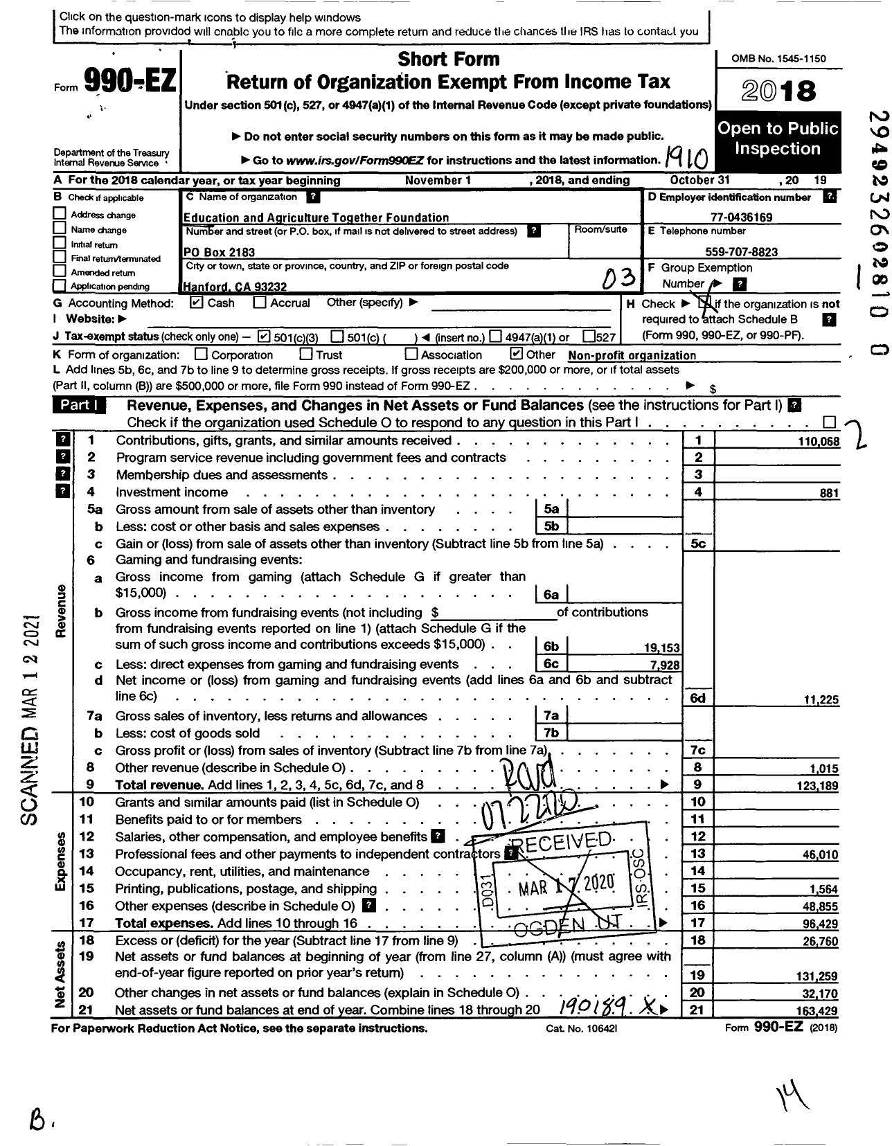 Image of first page of 2018 Form 990EZ for Education and Agriculture Together Foundation