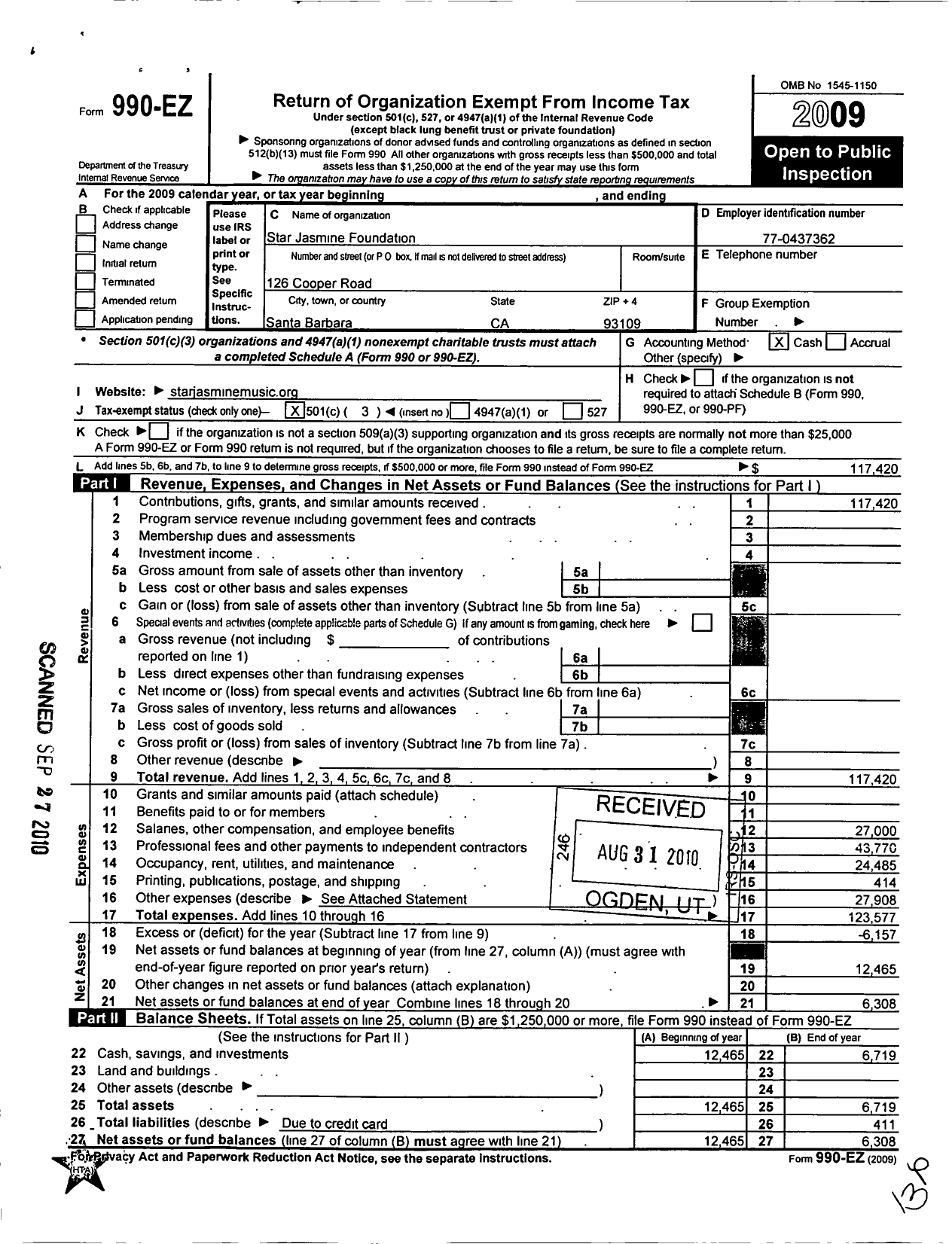 Image of first page of 2009 Form 990EZ for Star Jasmine Foundation