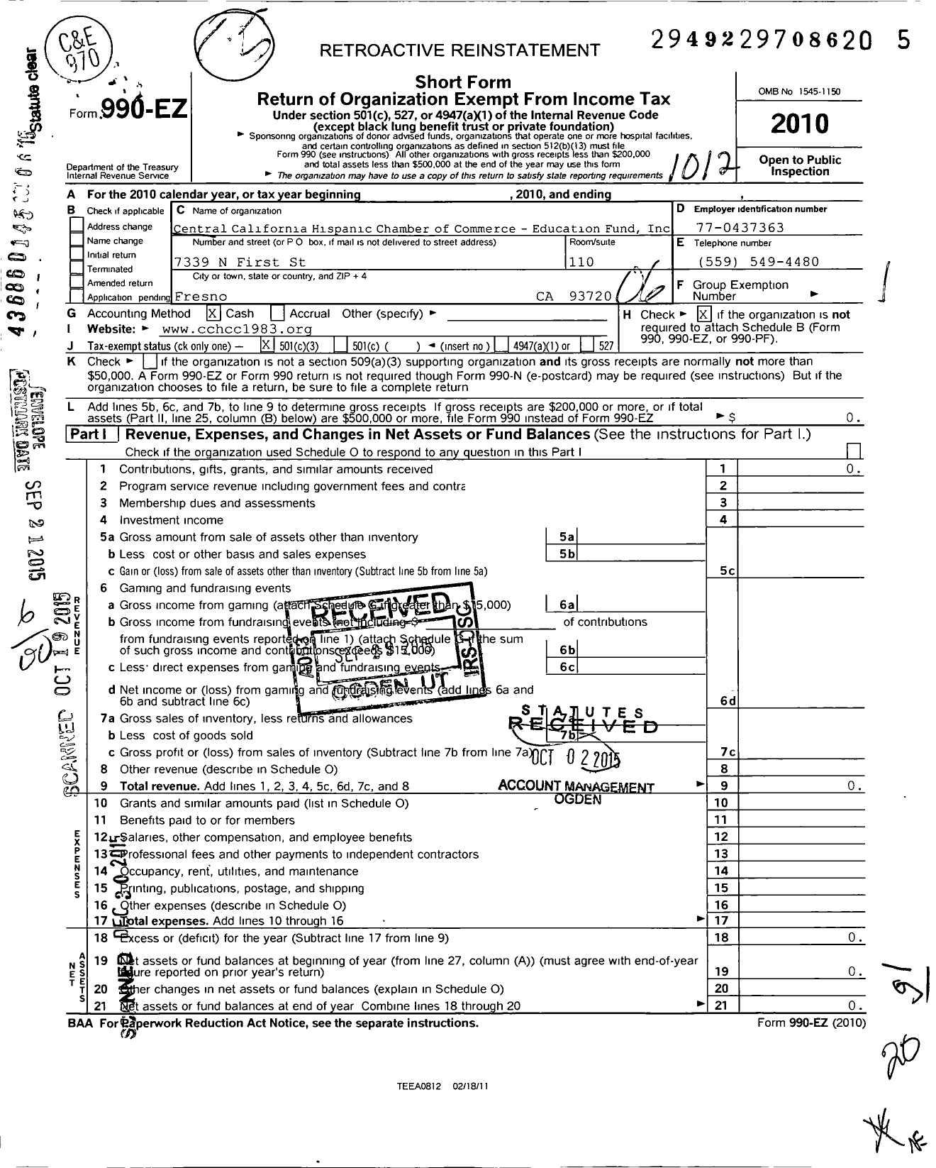 Image of first page of 2010 Form 990EZ for Central Calfornia Hispanic Chamber of Commerce Education Fund