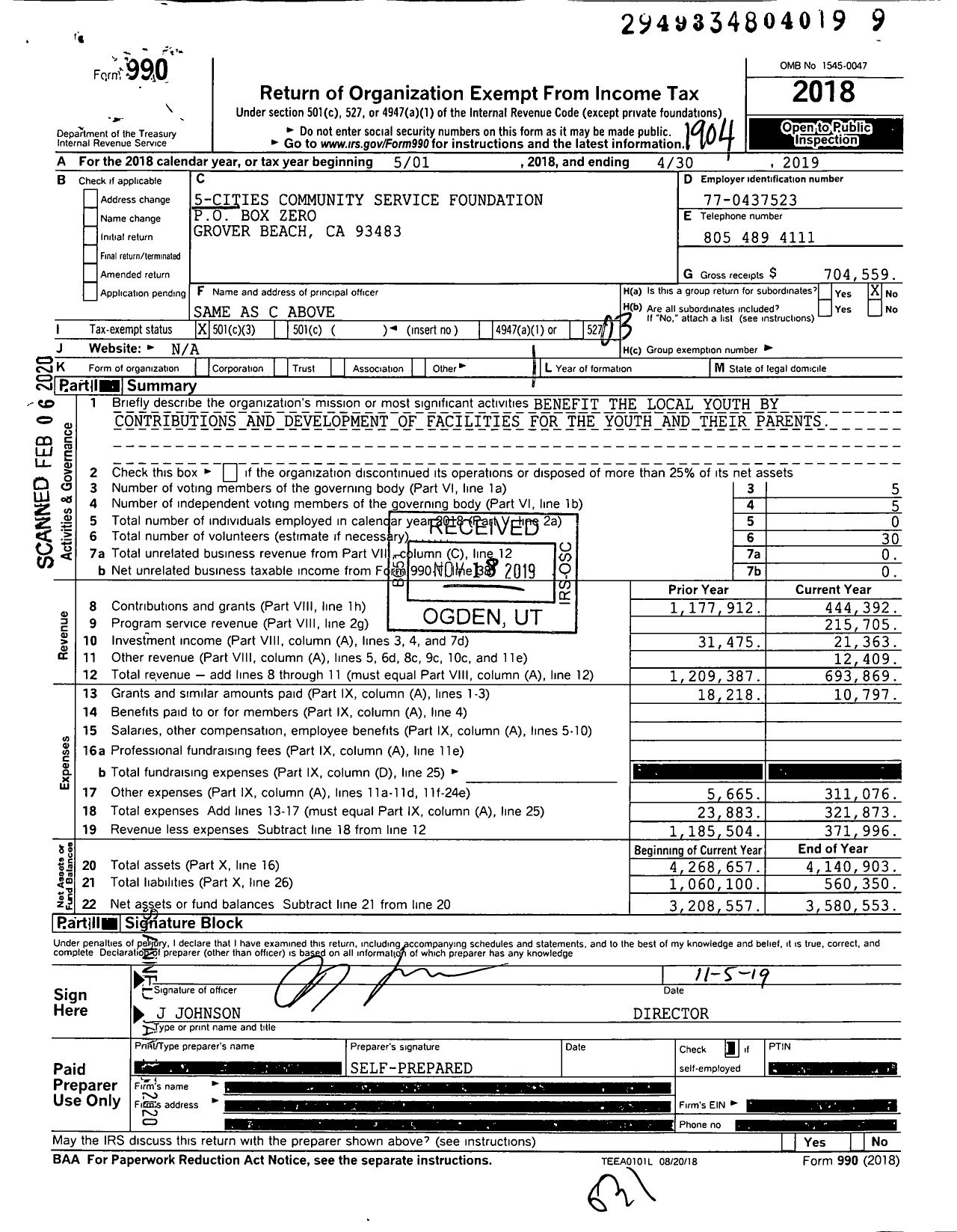Image of first page of 2018 Form 990 for 5-cities Community Service Foundation