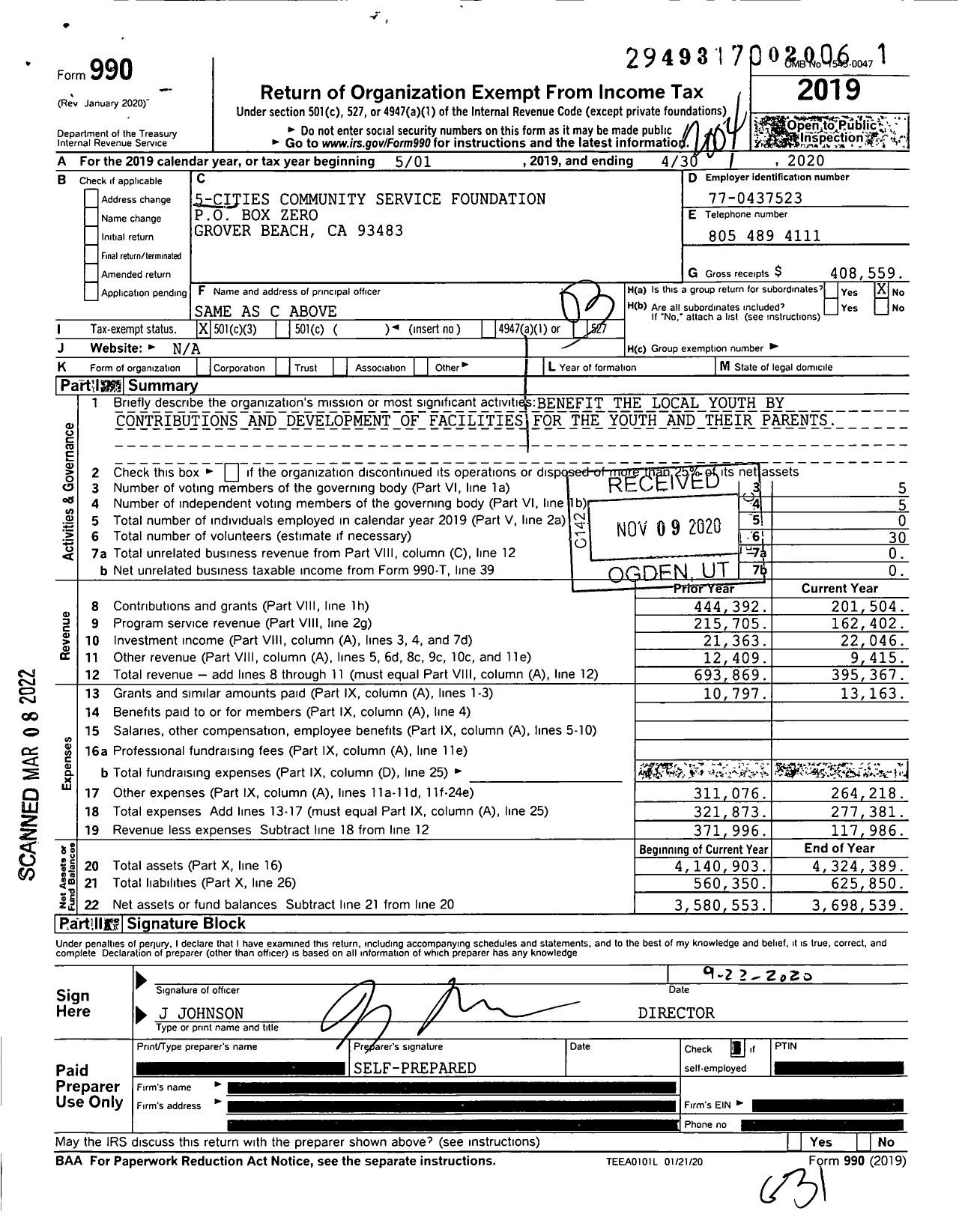 Image of first page of 2019 Form 990 for 5-cities Community Service Foundation