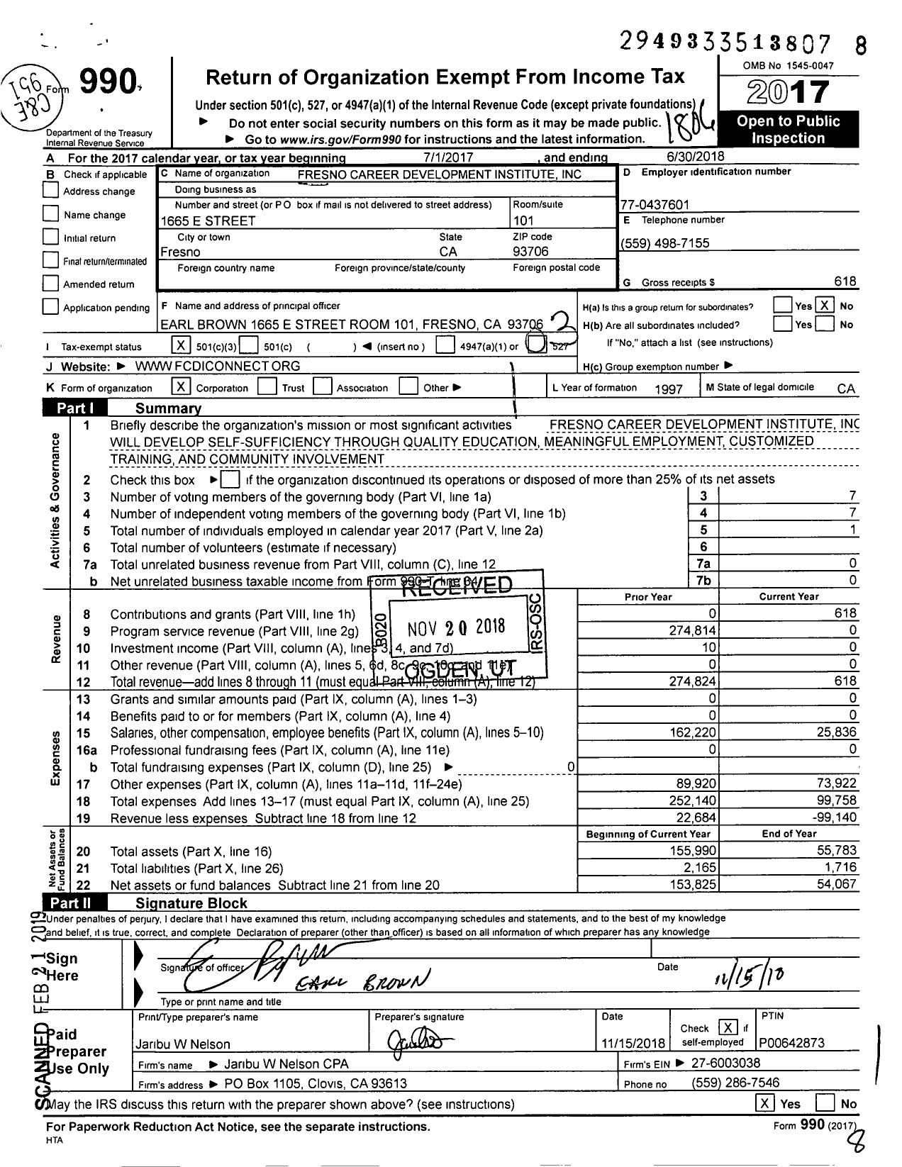 Image of first page of 2017 Form 990 for Fresno Career Development Institute