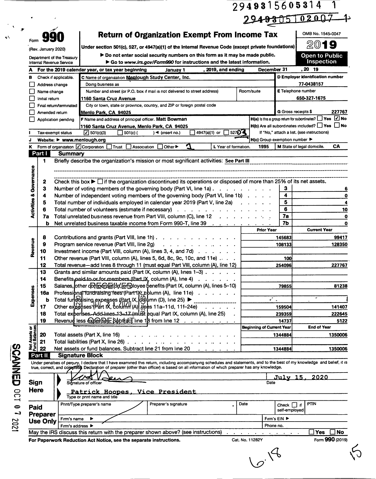 Image of first page of 2019 Form 990 for Menlough Study Center