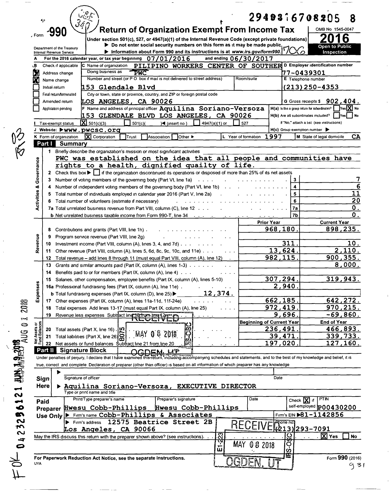 Image of first page of 2016 Form 990 for PWC / Pilipino Workers Center of Southern California