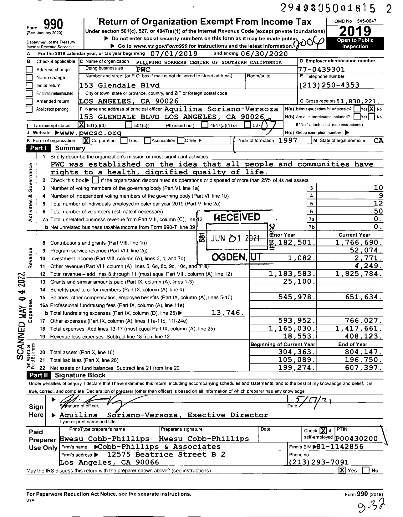 Image of first page of 2019 Form 990 for PWC / Pilipino Workers Center of Southern California