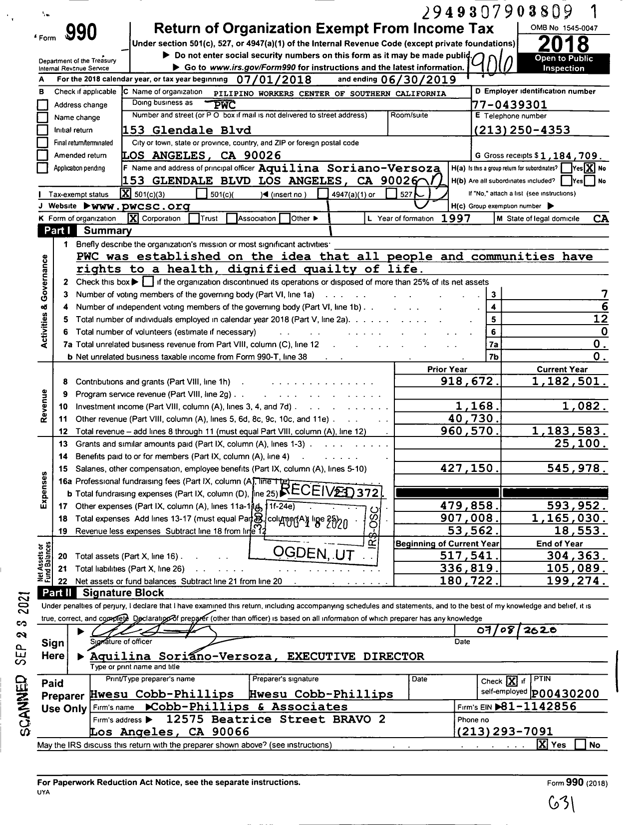 Image of first page of 2018 Form 990 for PWC / Pilipino Workers Center of Southern California